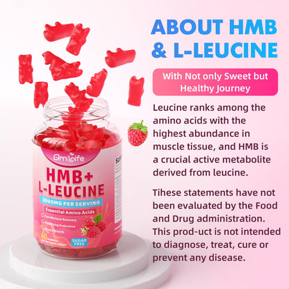 2 Pack HMB & L-Leucine Gummies 3000mg – Muscle Growth & Recovery, Sugar-Free Raspberry, 120 Count