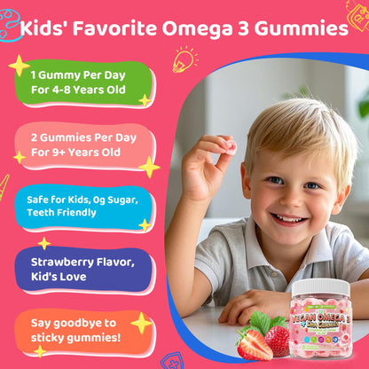 Kids Omega 3 Gummies 4+ | DHA, D3, K2, C, B6, Methyl B12 | Sugar Free | No Fish Taste | 60 Gummies