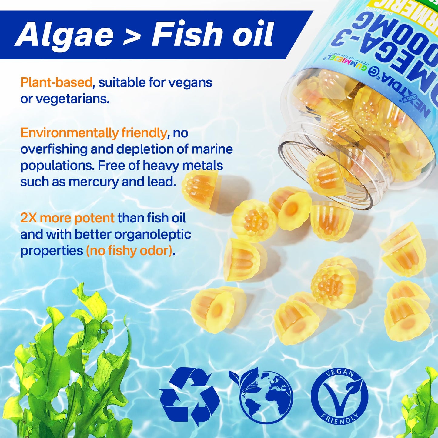 Vegan Omega-3 Gummies 1000mg + Turmeric | Algae DHA 600mg & EPA 300mg | Sugar Free, 60 Count
