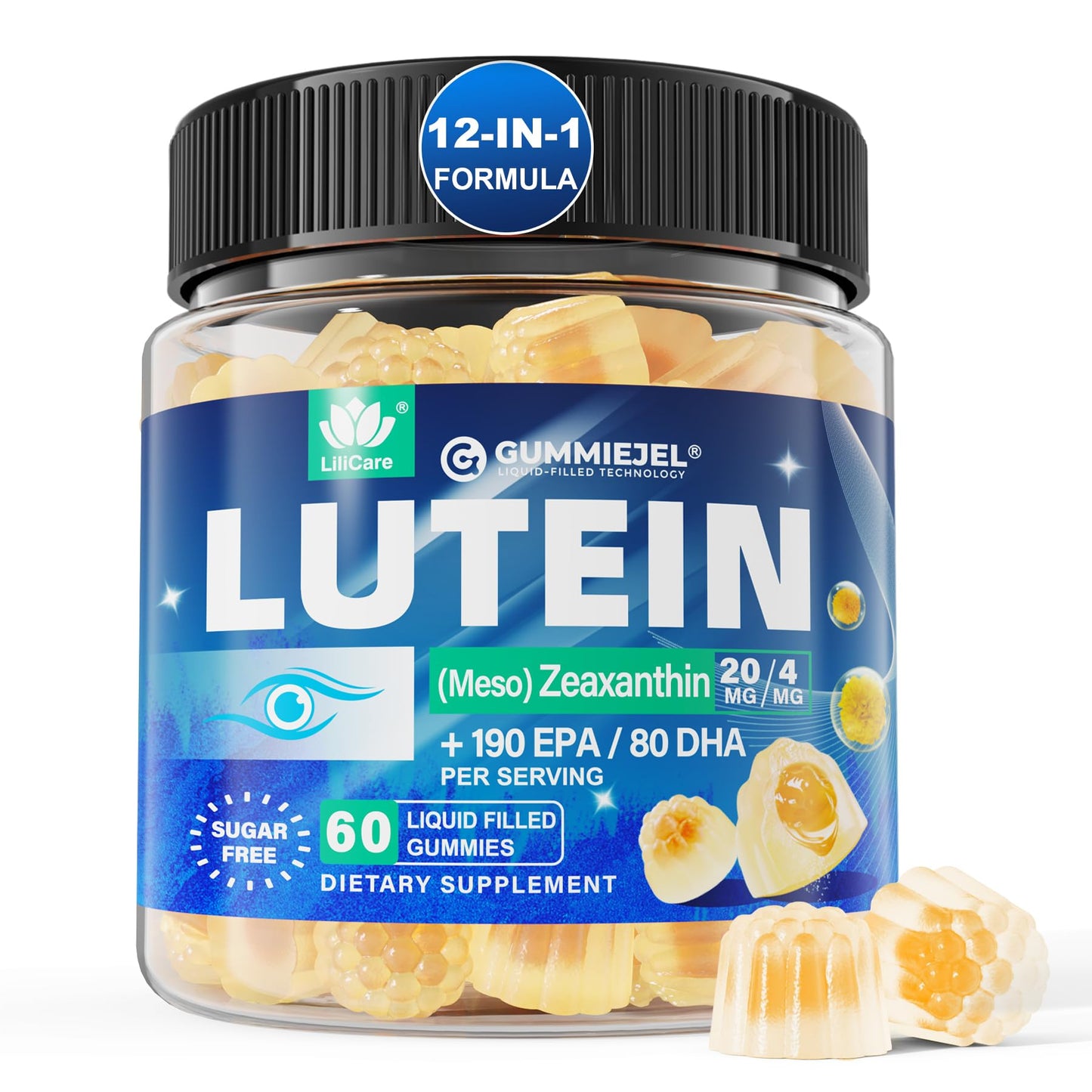 Sugar Free Lutein 20mg & 4mg Zeaxanthin Gummies with Omega-3 (EPA 190mg & DHA 80mg) - Vegan Eye Vitamins, 60 Count