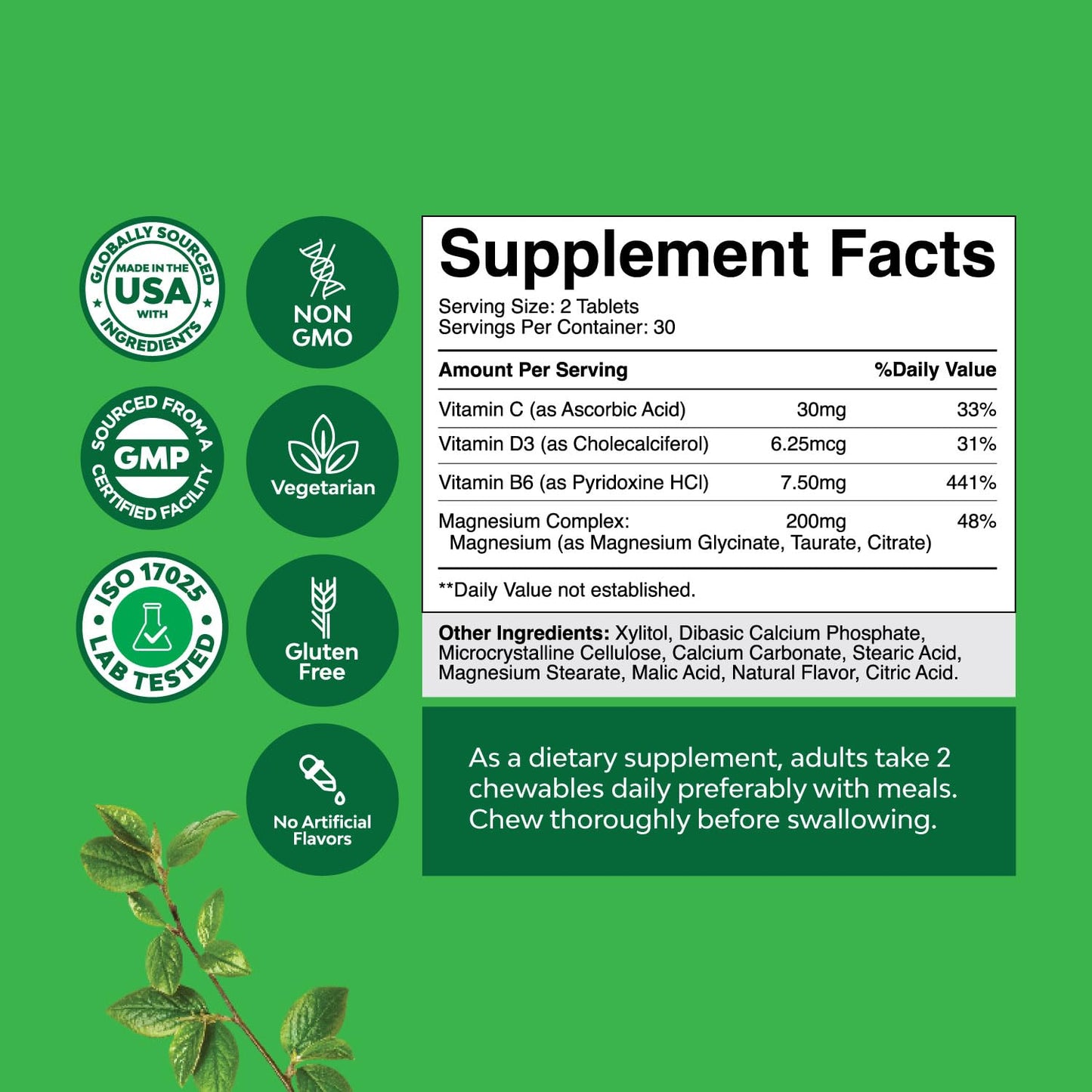 Sugar Free Magnesium Glycinate Chewable – 200mg | Taurate & Citrate Complex + D3 B6 C (30 Day) | Vegetarian