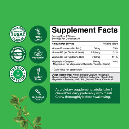 Sugar Free Magnesium Glycinate Chewable – 200mg | Taurate & Citrate Complex + D3 B6 C (30 Day) | Vegetarian