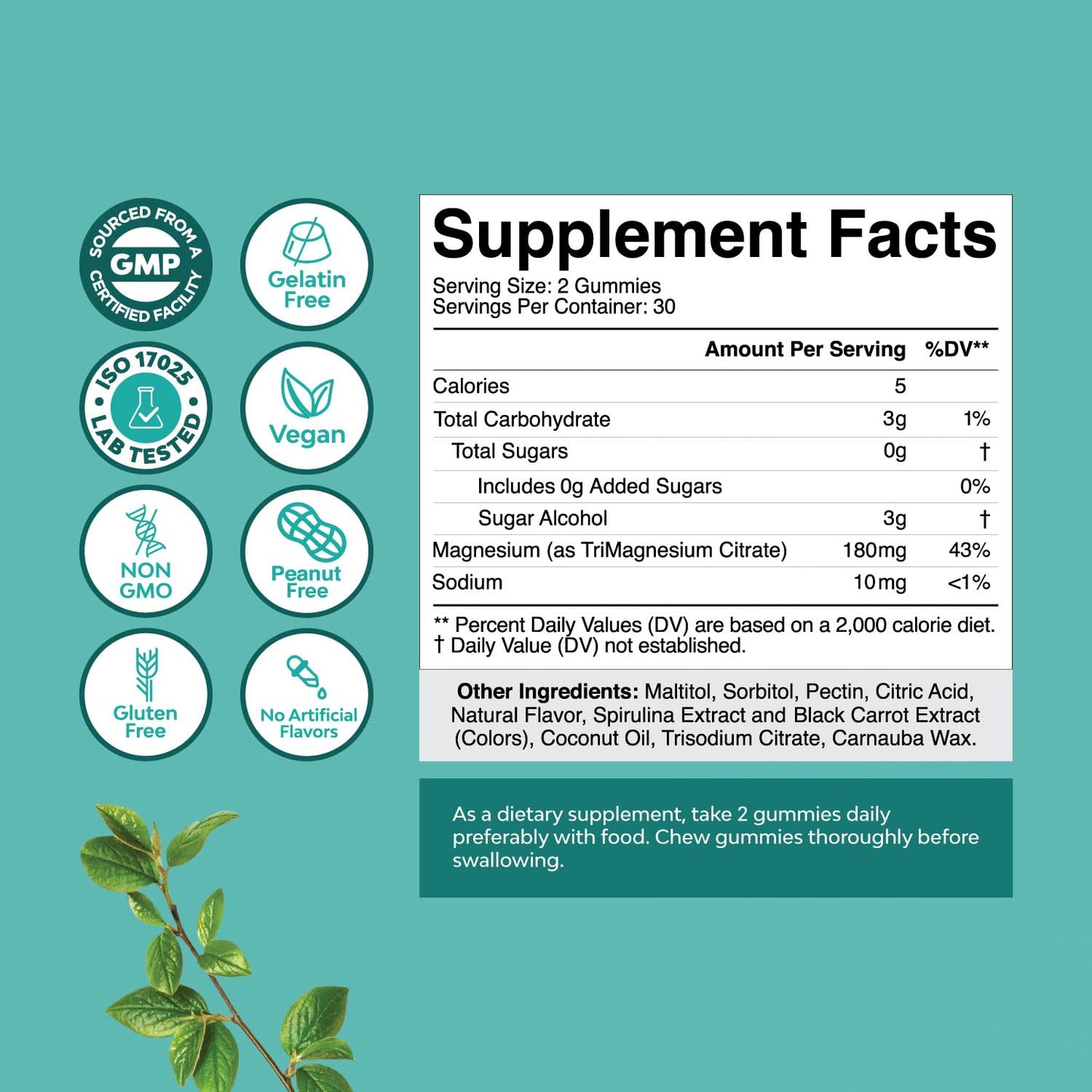 Sugar Free Magnesium Gummies for Adults - Vegan Citrate, 180mg Elemental | Berry Flavor | Non-GMO, Halal, Gluten Free (2 Months)