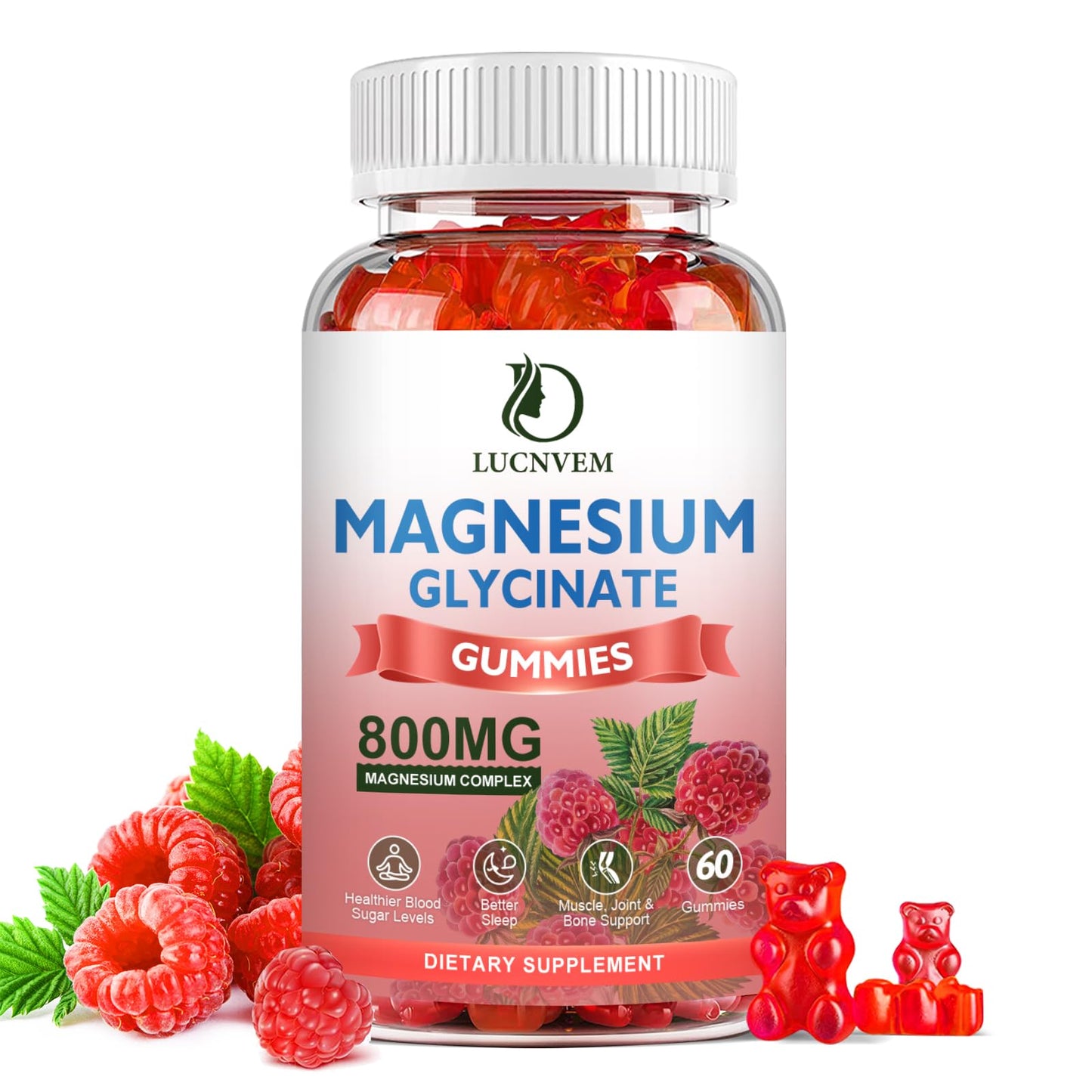 Sugar Free Magnesium Glycinate Gummies - 500mg Mg Glycinate, 60 Raspberry Gummies