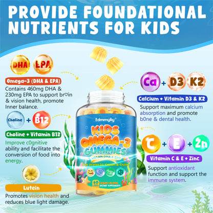Kids Omega-3 Gummies - Algae DHA/EPA, D3, B12, Calcium, Zinc | Sugar-Free