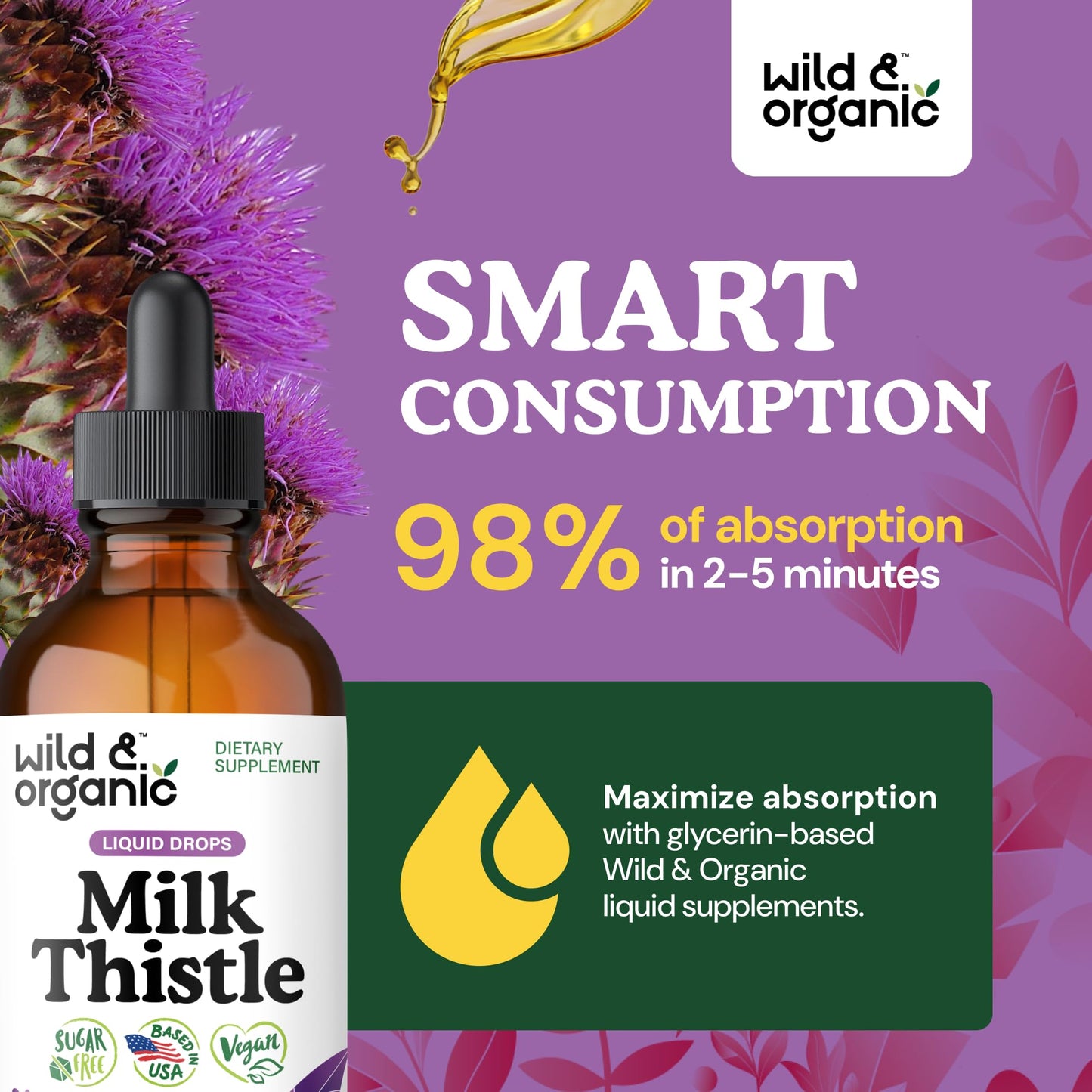 Wild & Organic Milk Thistle Liquid Drops - Liver Cleanse Detox - Silymarin Milk Thistle Supplement for Liver Support - Silybum Marianum Seed Extract Tincture - Vegan, Sugar & Alcohol-Free - 4 fl oz