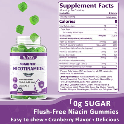 Sugar Free Nicotinamide 500mg Gummies – Flush-Free Vitamin B3 Niacinamide