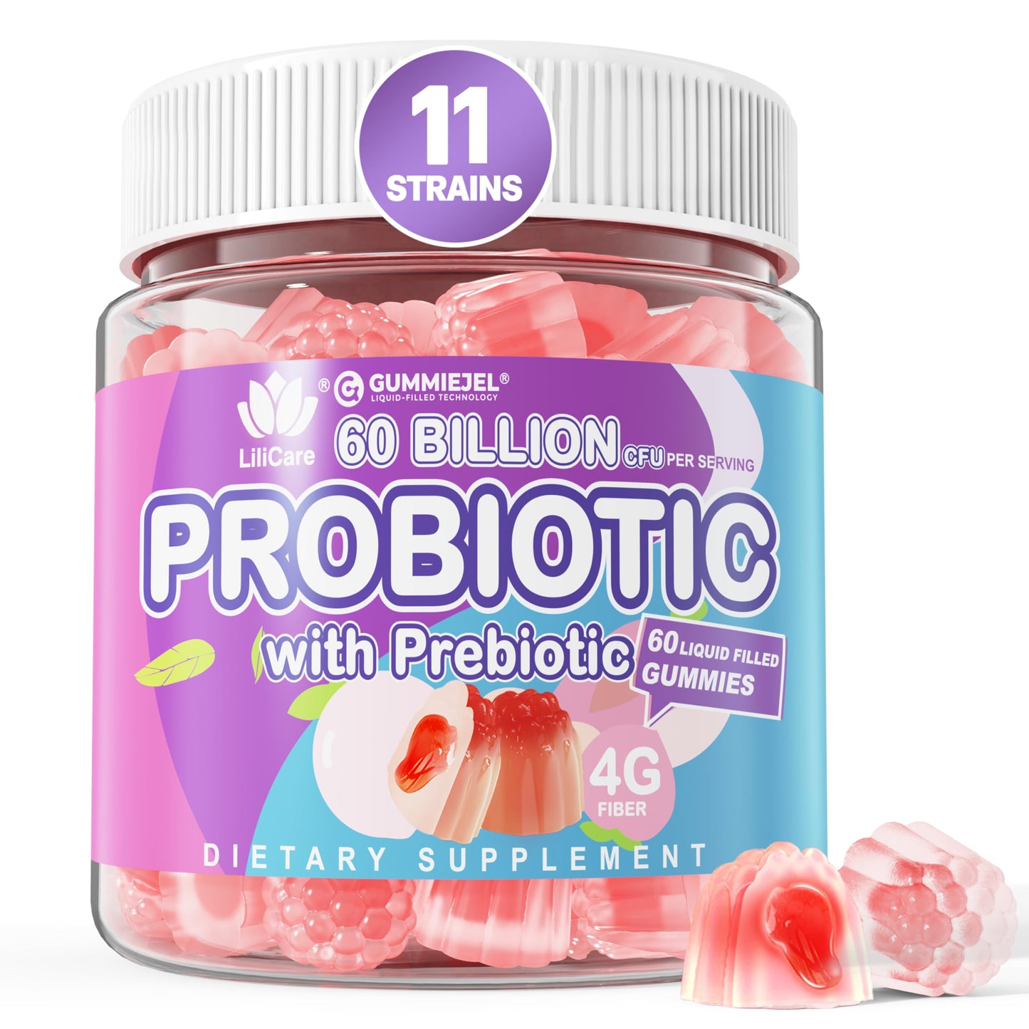 Sugar Free Probiotic Gummies 60B CFU | 11 Strains + Prebiotics Fiber | Peach Flavor