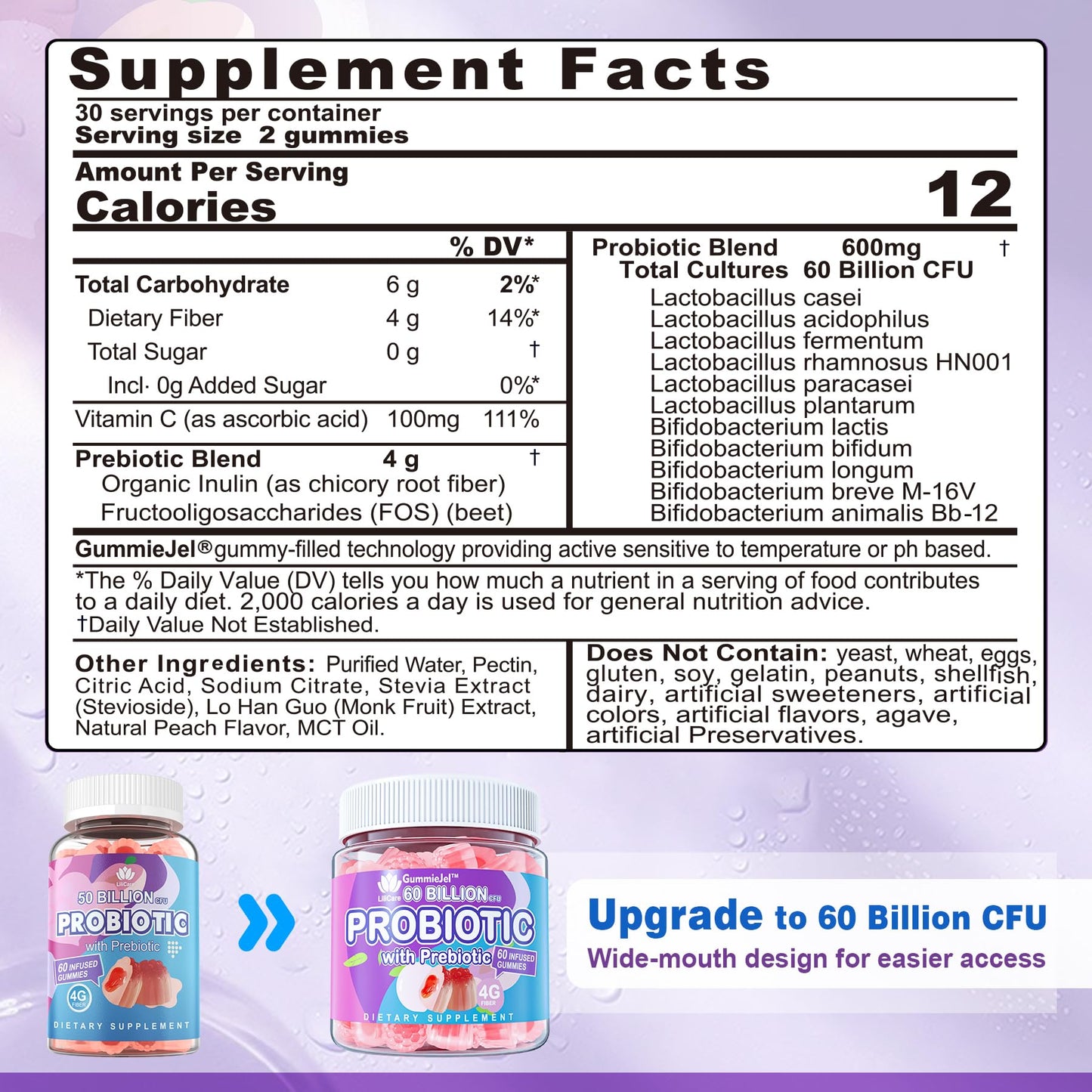 Sugar Free Probiotic Gummies 60B CFU | 11 Strains + Prebiotics Fiber | Peach Flavor