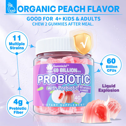 Sugar Free Probiotic Gummies 60B CFU | 11 Strains + Prebiotics Fiber | Peach Flavor