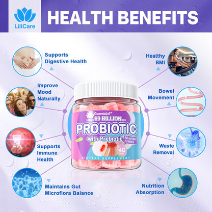 Sugar Free Probiotic Gummies 60B CFU | 11 Strains + Prebiotics Fiber | Peach Flavor