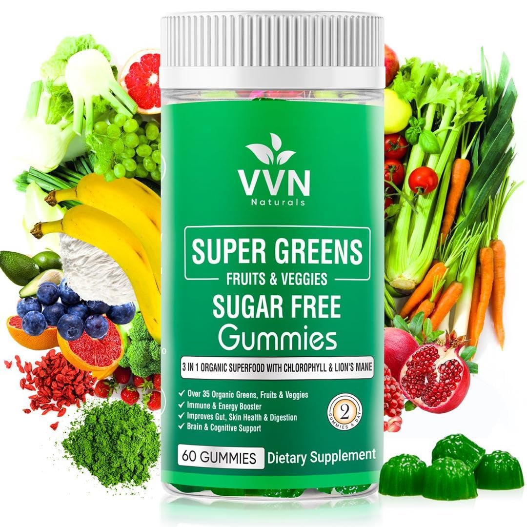 Sugar-Free Real Organic Fruits, Super Greens and Veggies Gummies | 35+ Nutritious & Healthy Greens, Fruits, and Vegetables for Improved Immunity, Skin Health & Energy Boost|60 Vegan Gummies