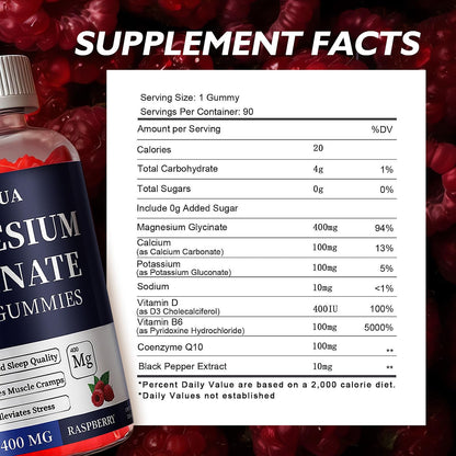 Magnesium Glycinate 400mg Gummies, Sugar Free Magnesium Gummies with Vitamins D, B6 for Sleep Support, Stress and Muscle Relief for Men and Women, 90 Count