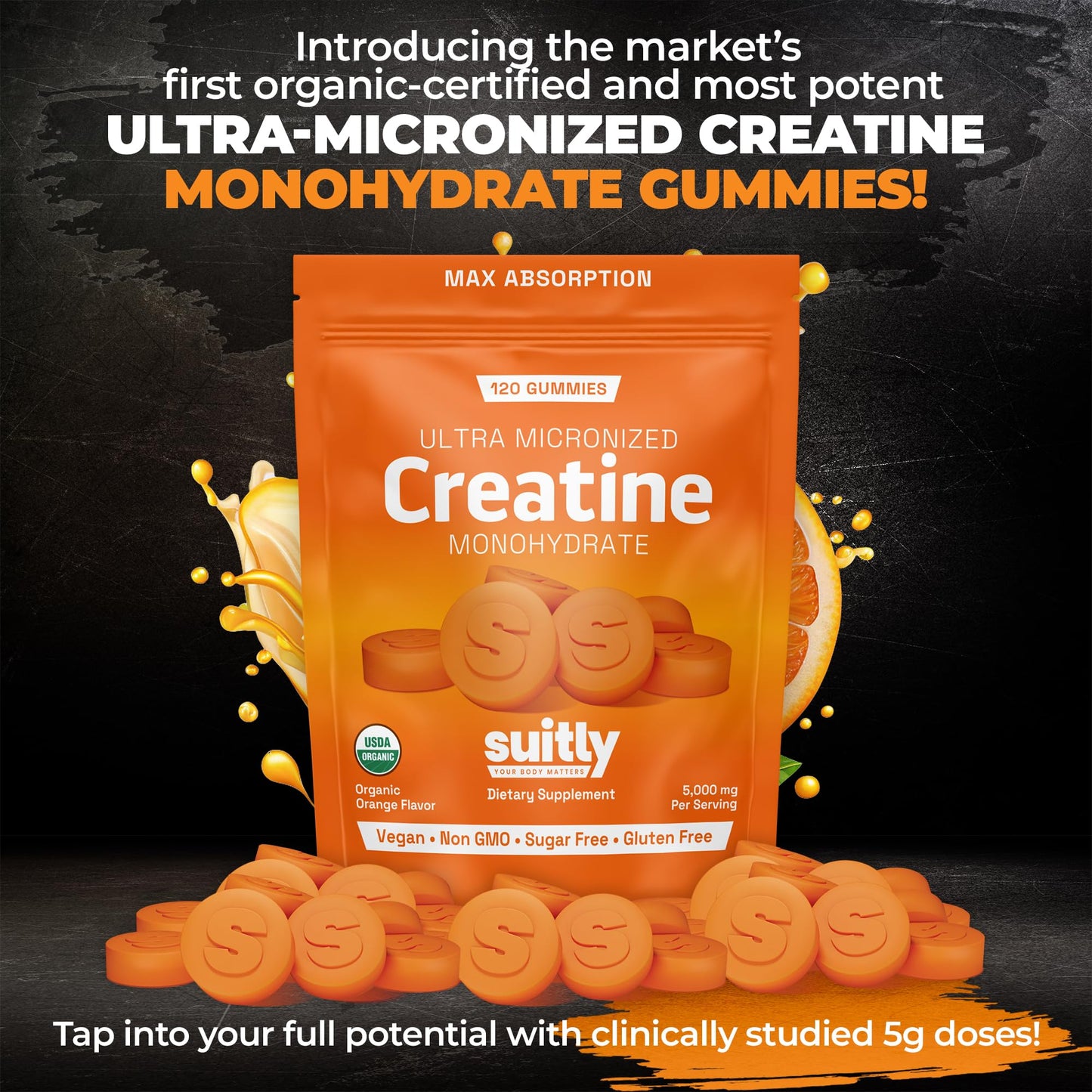 USDA Organic Ultra-Micronized Creatine Gummies – 5g Orange, Sugar Free (120 ct)