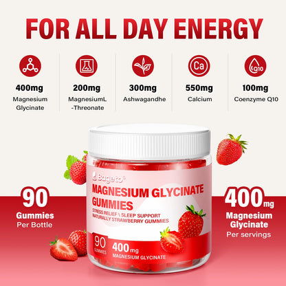 Magnesium Glycinate Gummies Sugar Free 90 Count | 400mg Mg + 200mg L-Threonate, Ashwagandha, Vitamin D, B6, B12 | Sleep & Stress Support | Strawberry