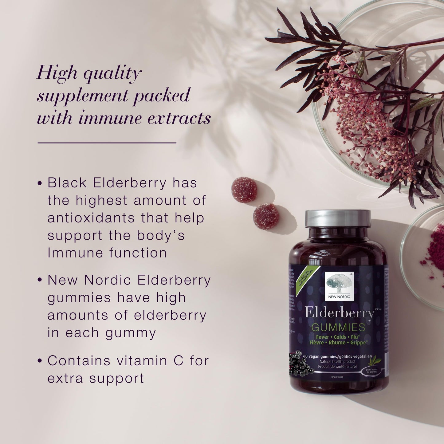 NEW NORDIC Elderberry Vegan Gummies - Sugar Free Immune Support with Vitamin C (Adults & Kids 4+) 60 Count