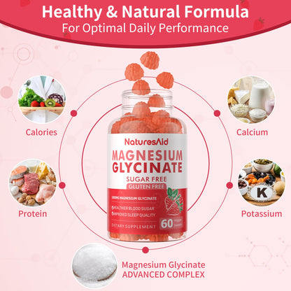 Magnesium Glycinate Gummies 1000mg – Sugar-Free Magnesium, Potassium with Vitamin D, B6, CoQ10 | 60 Strawberry Gummies