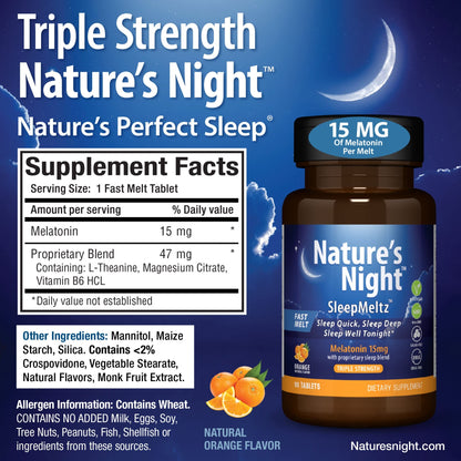 Nature's Night Melatonin 15mg Quick-Dissolve | Triple Strength Sleep Support, Orange Flavor, 90 Count – Sugar Free, Vegan, Non-GMO, Drug Free