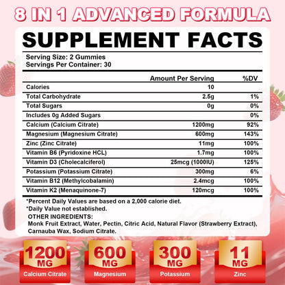 1200mg Calcium Citrate Gummies – Sugar-Free Strawberry | Bone, Teeth & Muscle Support (60 Count)