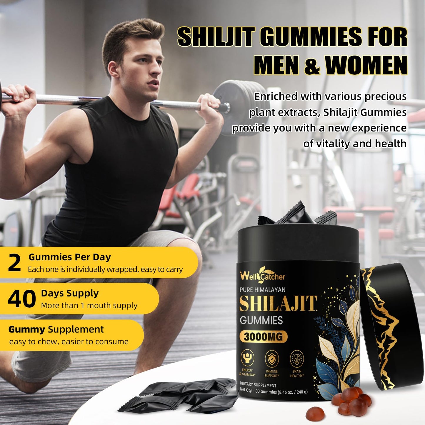 Shilajit Gummies for Men & Women — Pure Himalayan Shilajit with Ashwagandha, 85+ Minerals, No Sugar, 40 Servings