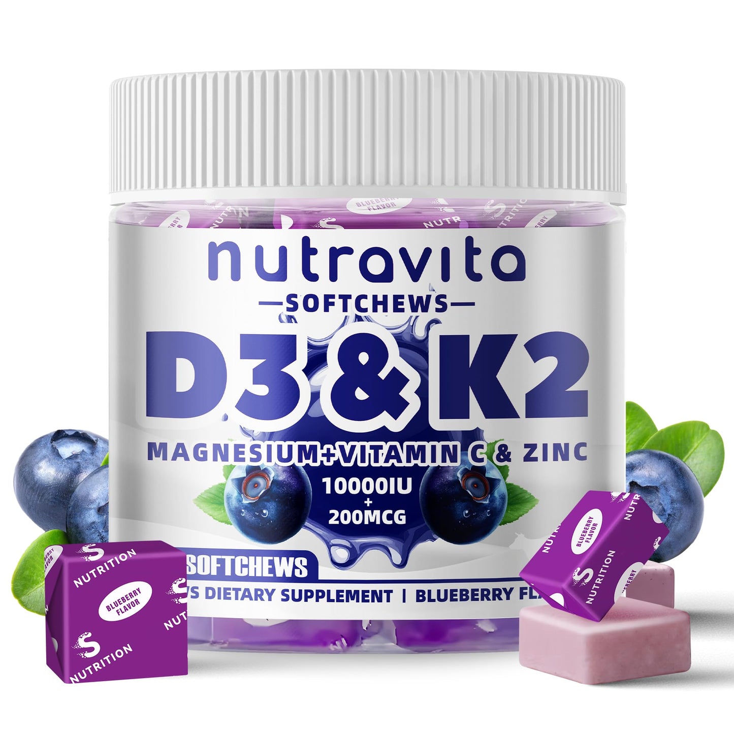 Sugar-Free Vitamin D3 K2 Gummies with Calcium + Magnesium (Vegan, 60 Count) – Blueberry