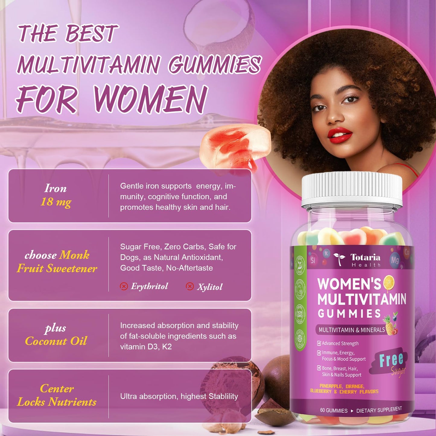 Sugar Free Women's Multivitamin Gummies with Iron – Immune & Skin Health | 60 Count
