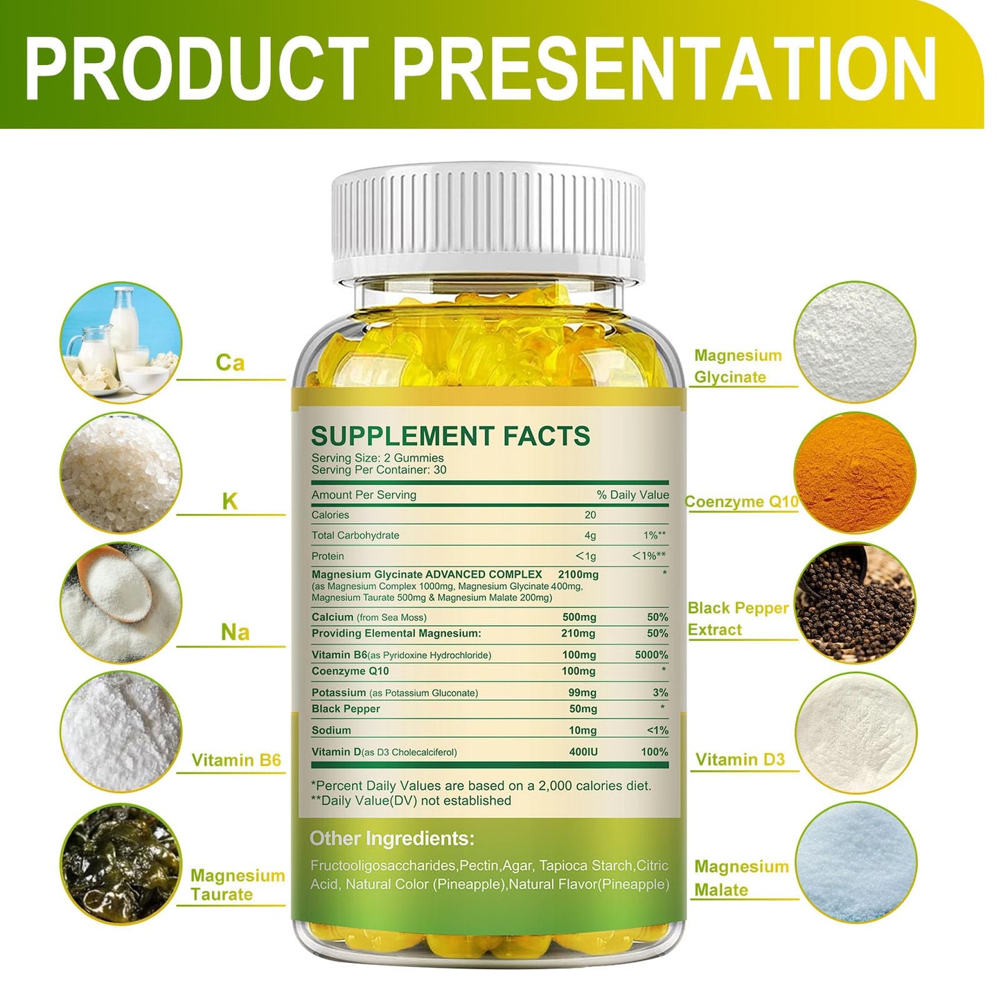 Magnesium Glycinate Gummies 400mg + Taurate, Sugar Free Pineapple - 60 Gummies with Vitamin D, B6, CoQ10 | Sleep & Relaxation