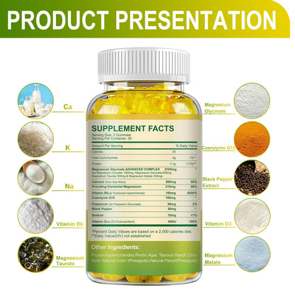 Magnesium Glycinate Gummies 400mg + Taurate, Sugar Free Pineapple - 60 Gummies with Vitamin D, B6, CoQ10 | Sleep & Relaxation