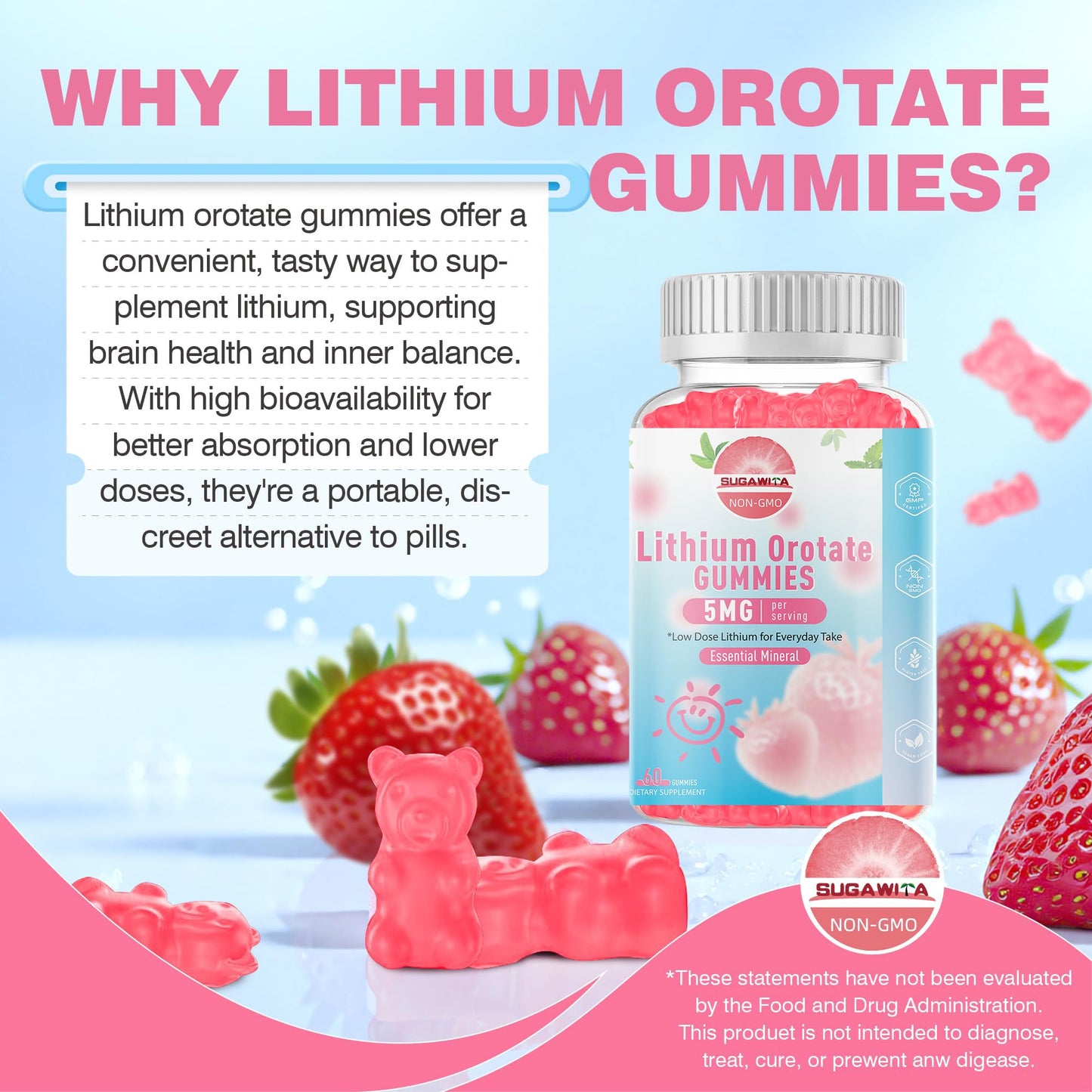SUGAWITA Lithium Orotate Gummies 5mg – Vegan, Non-GMO, 60 Count