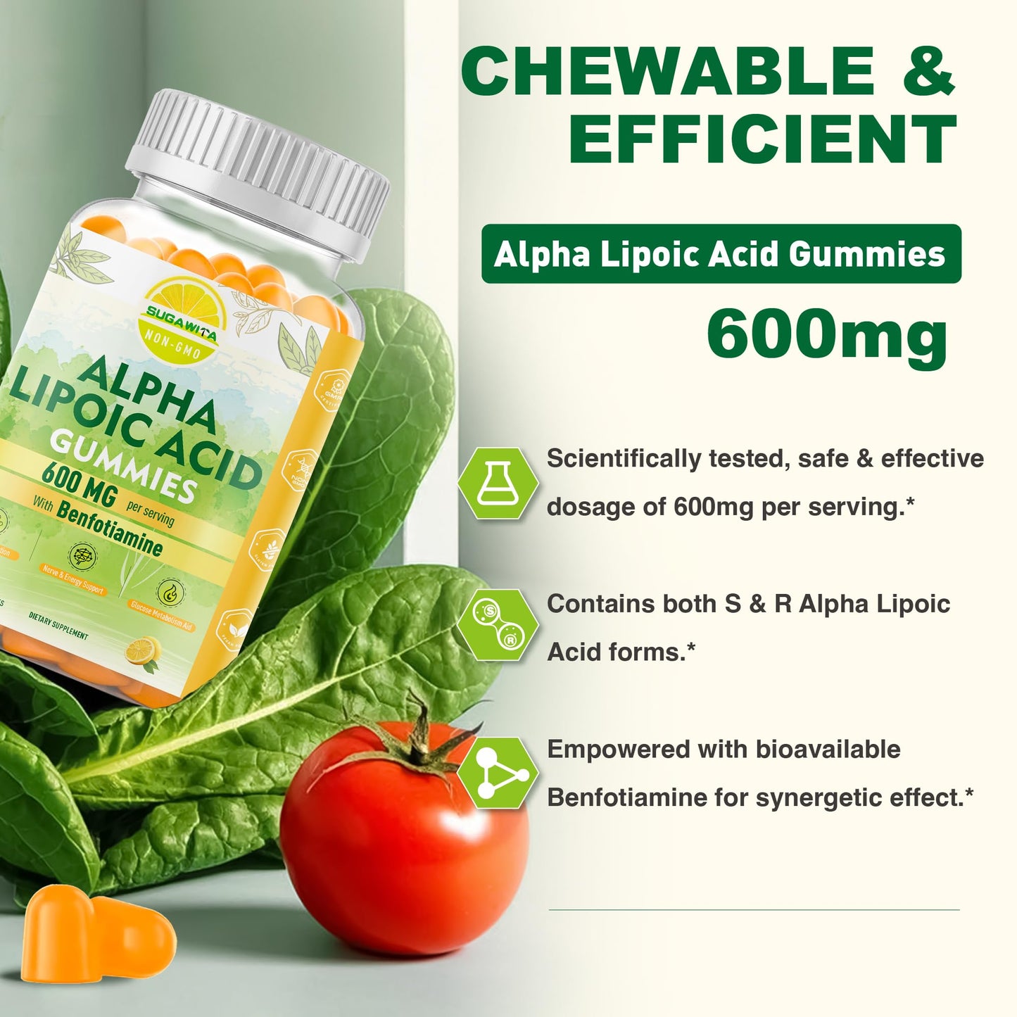 SUGAWITA R-Alpha Lipoic Acid 600mg + Benfotiamine – Nerve Support Gummies (Vegan)