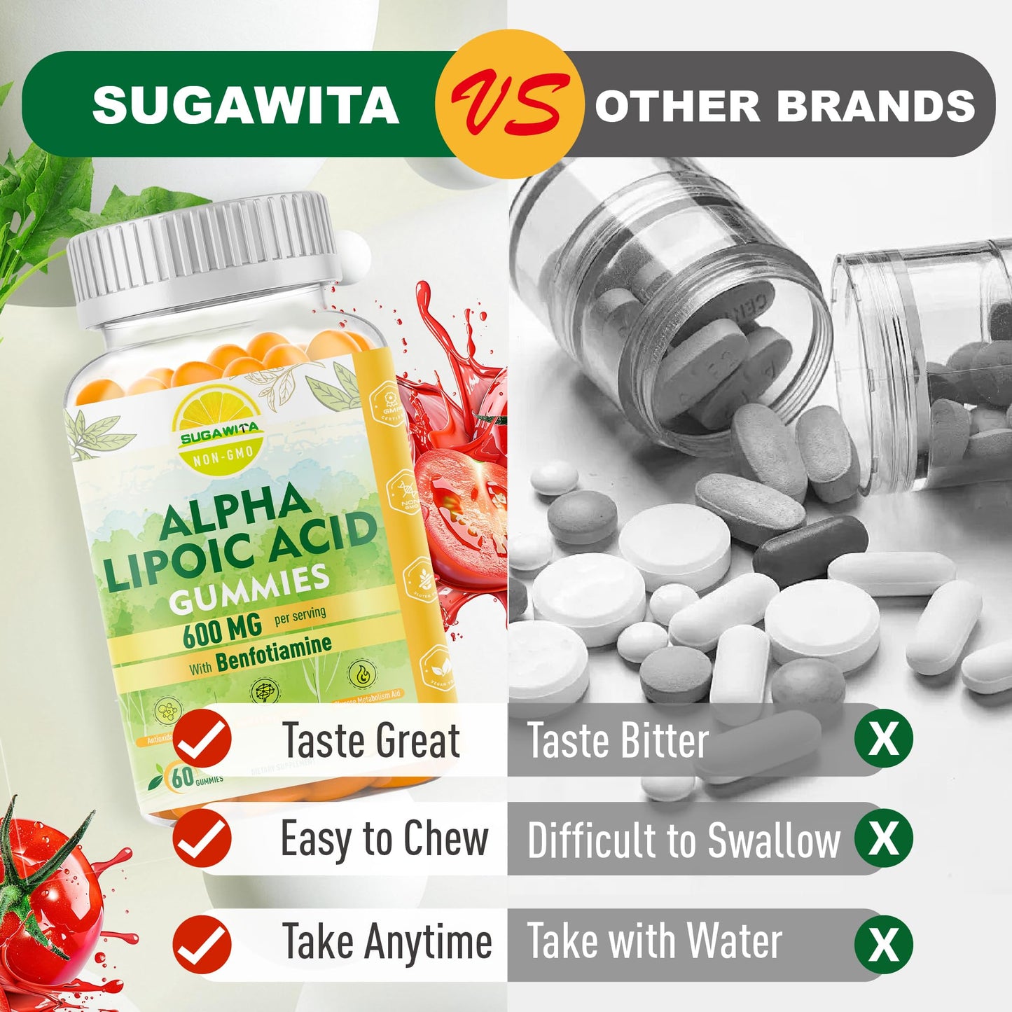 SUGAWITA R-Alpha Lipoic Acid 600mg + Benfotiamine – Nerve Support Gummies (Vegan)