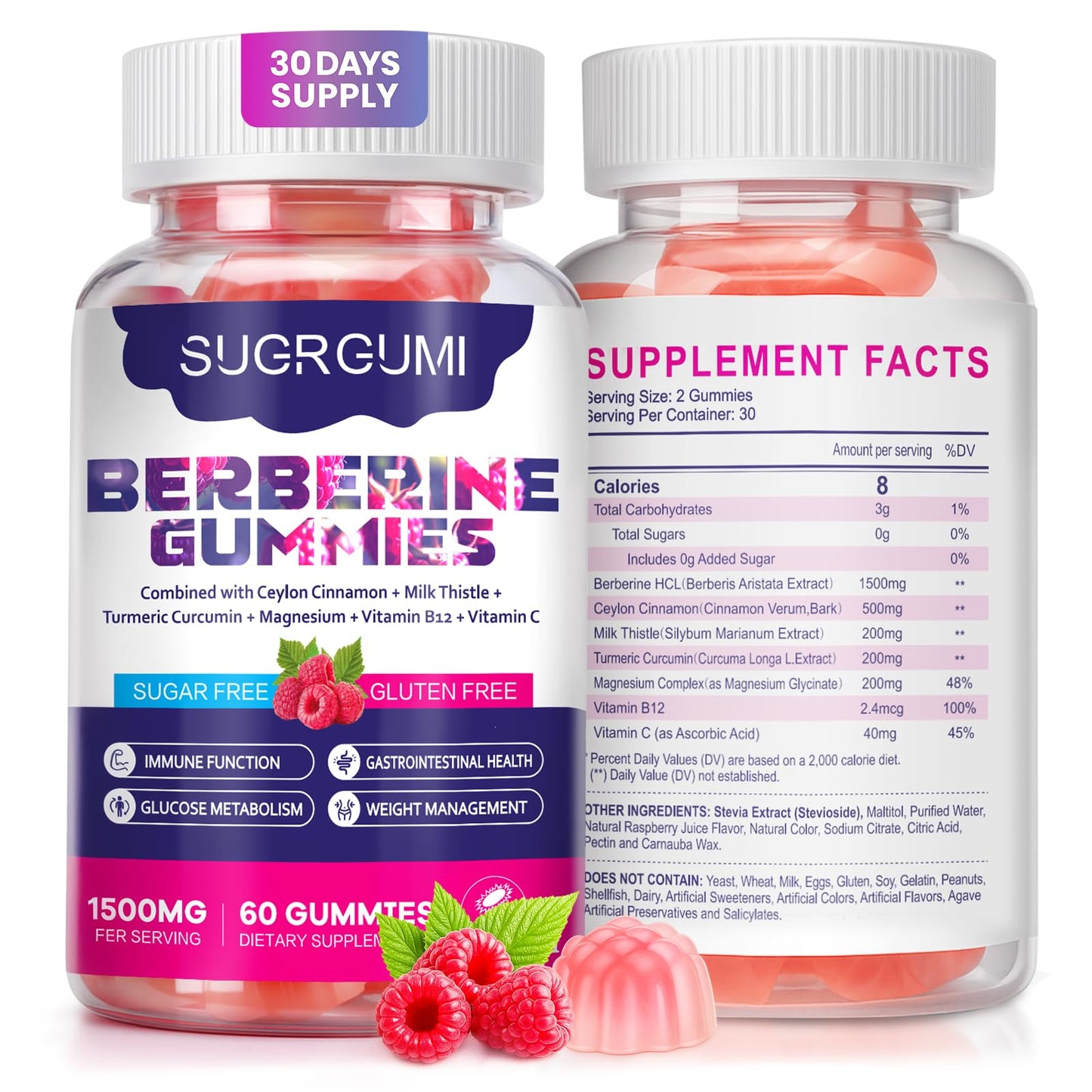 SugrGumi Berberine Gummies 1500mg – Vegan Sugar-Free Non-GMO | Immune & Metabolism Support | Raspberry