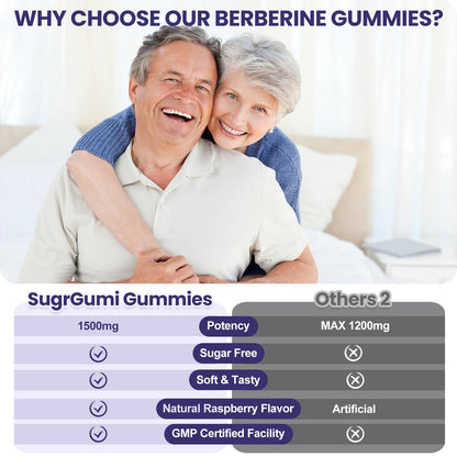 SugrGumi Berberine Gummies 1500mg – Vegan Sugar-Free Non-GMO | Immune & Metabolism Support | Raspberry