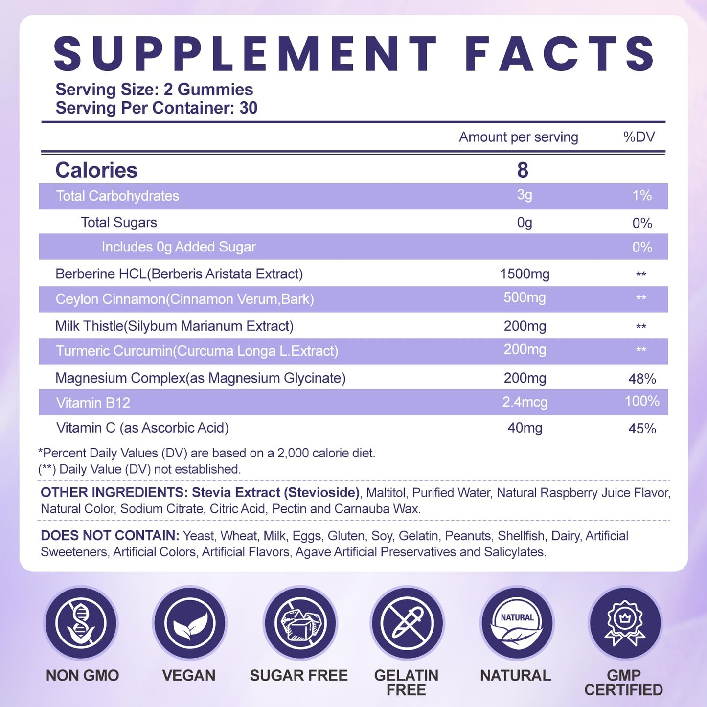 SugrGumi Berberine Gummies 1500mg – Vegan Sugar-Free Non-GMO | Immune & Metabolism Support | Raspberry