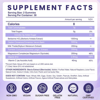 SugrGumi Berberine Gummies 1500mg – Vegan Sugar-Free Non-GMO | Immune & Metabolism Support | Raspberry
