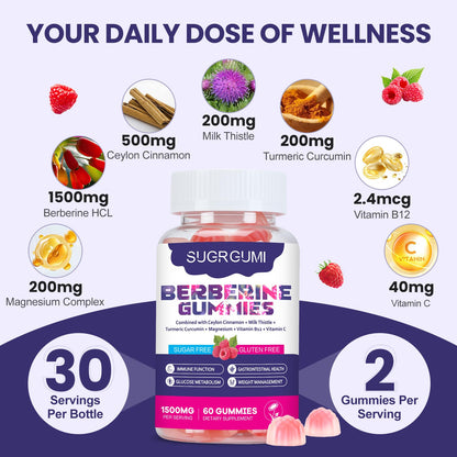 SugrGumi Berberine Gummies 1500mg – Vegan Sugar-Free Non-GMO | Immune & Metabolism Support | Raspberry