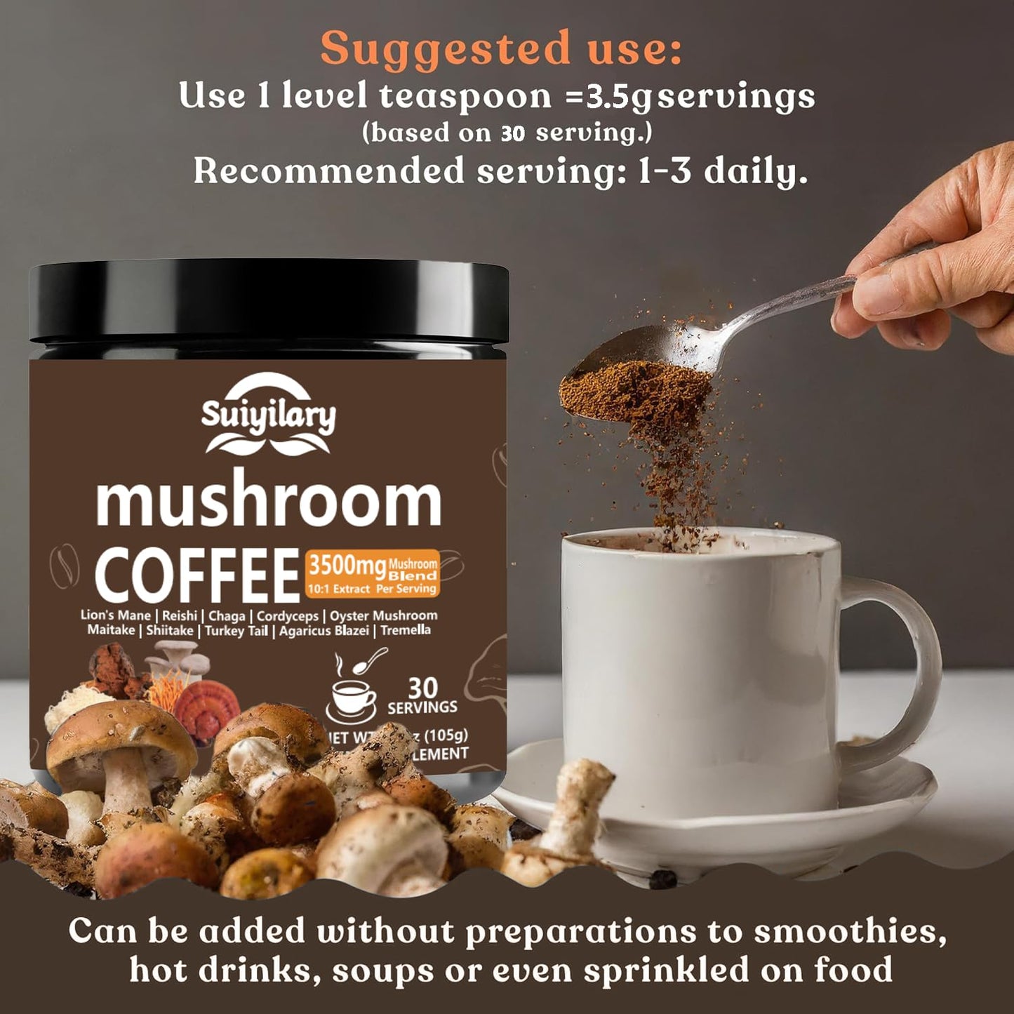 Suiyilary 10 Mushroom Coffee with Arabica – Lion’s Mane & Reishi | 3500mg 10:1 Extract, Focus & Immunity Boost
