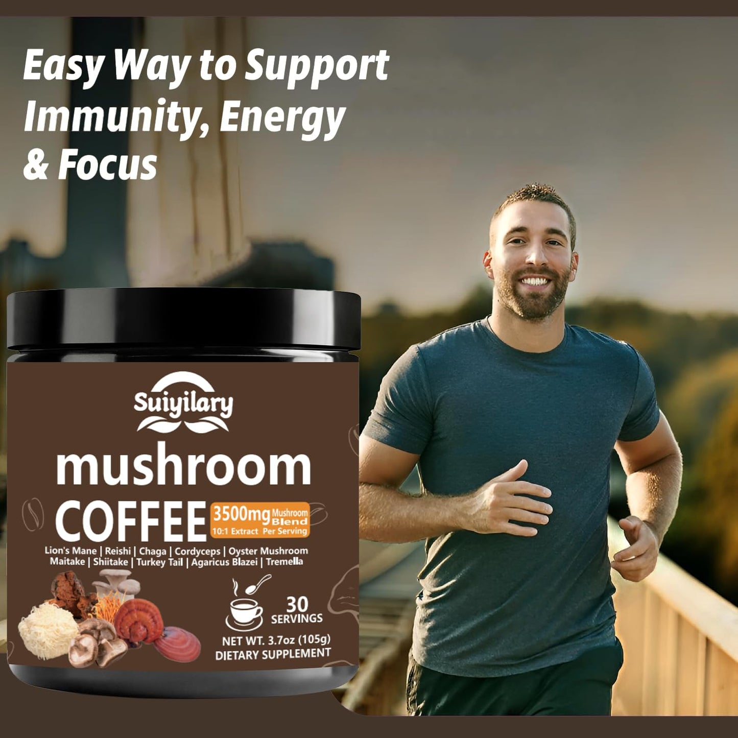 Suiyilary 10 Mushroom Coffee with Arabica – Lion’s Mane & Reishi | 3500mg 10:1 Extract, Focus & Immunity Boost