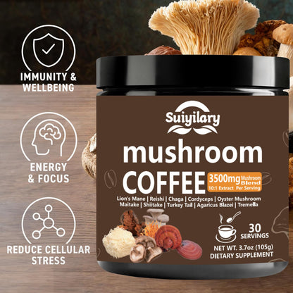 Suiyilary 10 Mushroom Coffee with Arabica – Lion’s Mane & Reishi | 3500mg 10:1 Extract, Focus & Immunity Boost