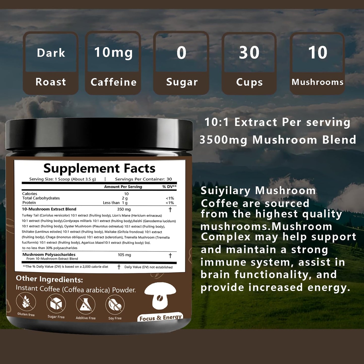 Suiyilary 10 Mushroom Coffee with Arabica – Lion’s Mane & Reishi | 3500mg 10:1 Extract, Focus & Immunity Boost