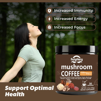 Suiyilary 10 Mushroom Coffee with Arabica – Lion’s Mane & Reishi | 3500mg 10:1 Extract, Focus & Immunity Boost