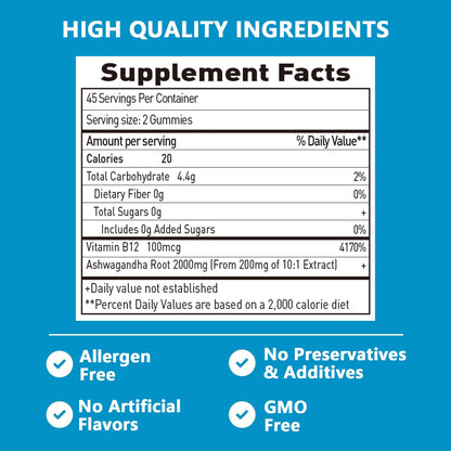 Suiyilary Ashwagandha Gummies 2000mg - High-Strength Root Extract with Vitamin B12 | Strawberry Flavor