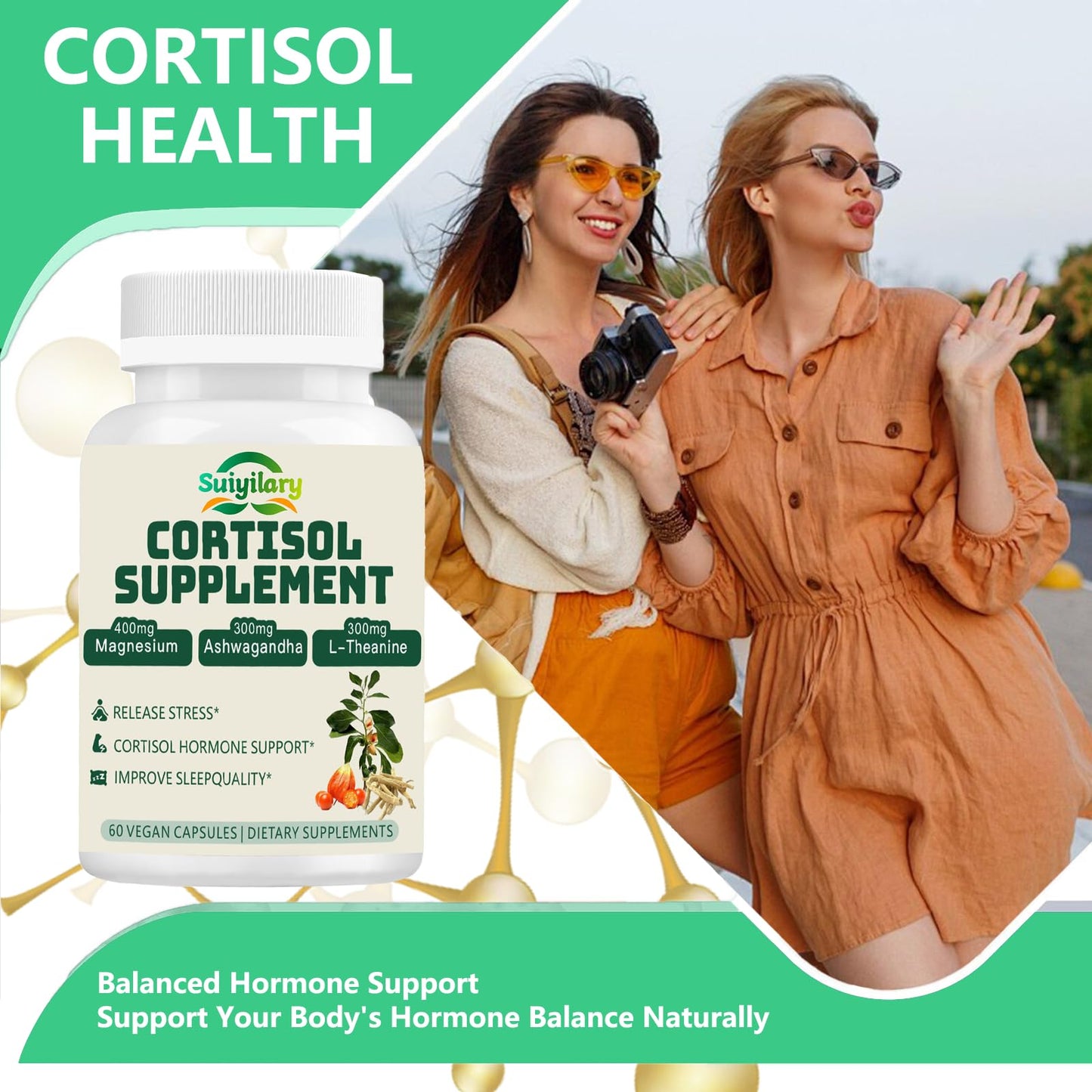 Suiyilary Cortisol Supplement for Women & Men – Hormone Balance, Mood & Sleep Support, 60 Vegan Capsules