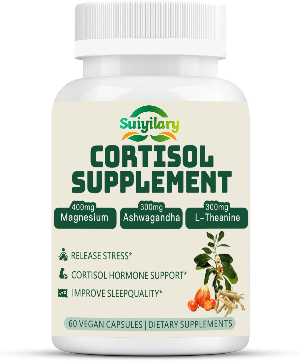 Suiyilary Cortisol Supplement for Women & Men – Hormone Balance, Mood & Sleep Support, 60 Vegan Capsules