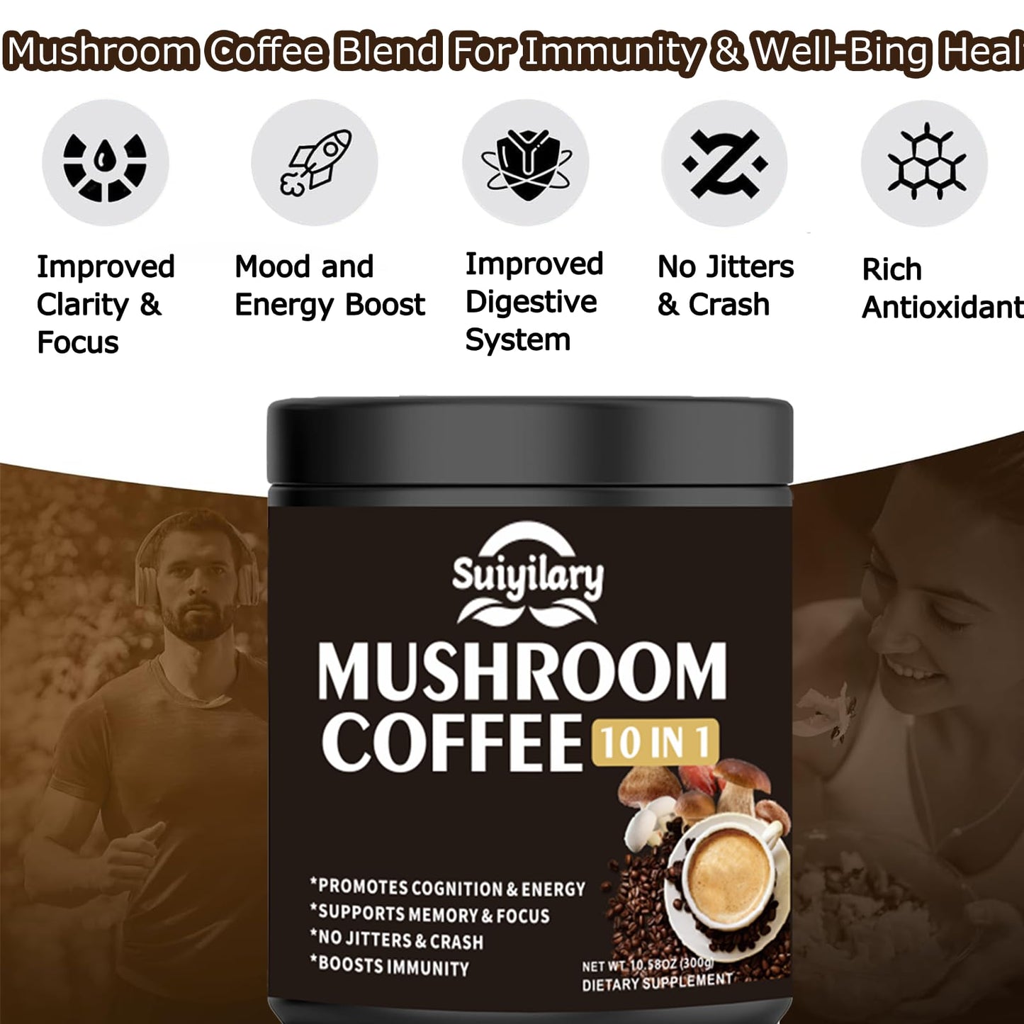 Suiyilary Mushroom Coffee - 10 Mushroom Extract Blend for Energy, Focus & Immunity (300g)