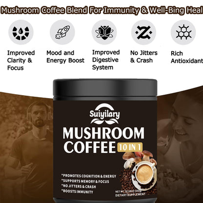 Suiyilary Mushroom Coffee - 10 Mushroom Extract Blend for Energy, Focus & Immunity (300g)