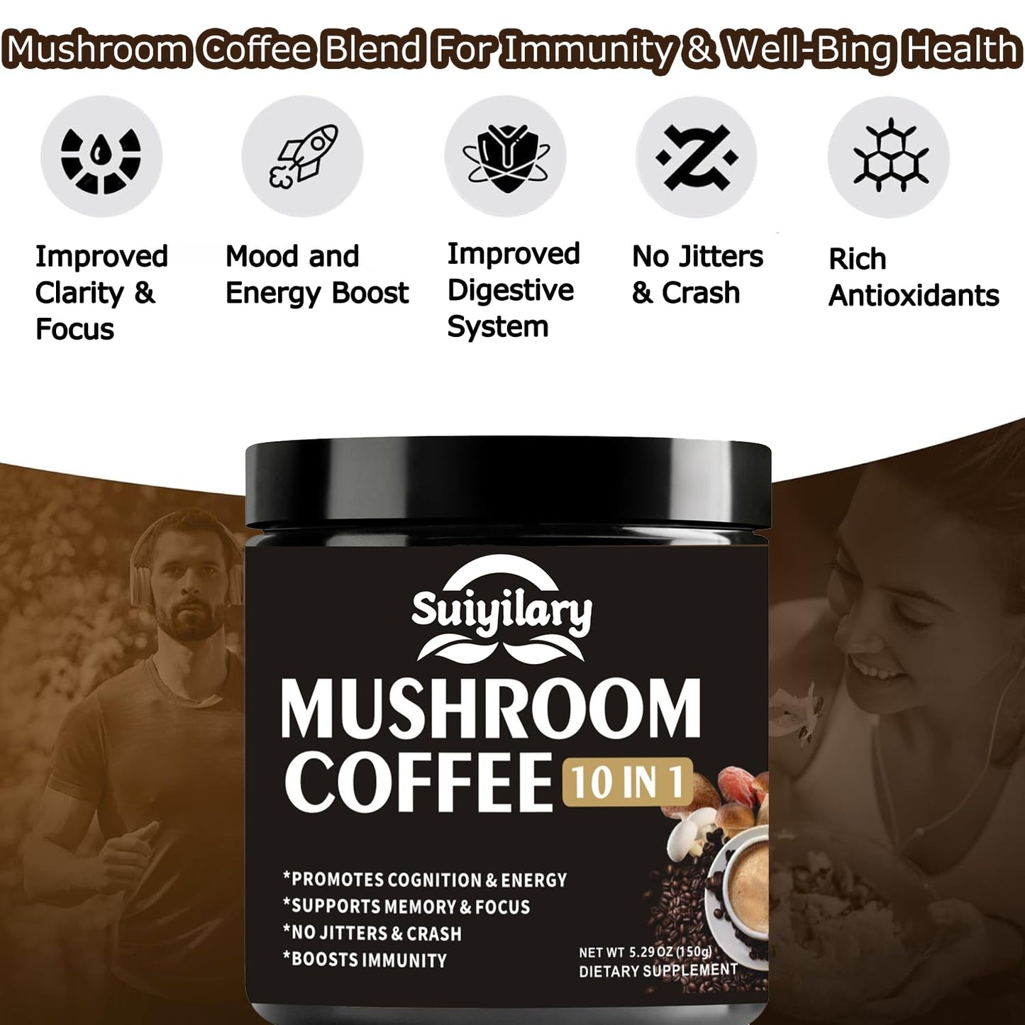 Suiyilary Mushroom Coffee – 10-Mushroom Blend (Lion's Mane, Reishi, Cordyceps) for Energy, Focus & Immunity 150g