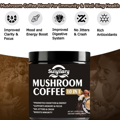 Suiyilary Mushroom Coffee – 10-Mushroom Blend (Lion's Mane, Reishi, Cordyceps) for Energy, Focus & Immunity 150g