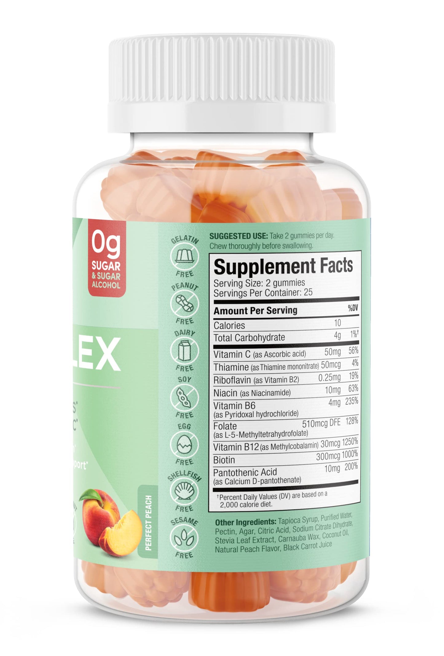 SUKU Vitamin B Complex Gummies with Vitamin C - Sugar Free, Vegan (Peach, 50 Gummies)
