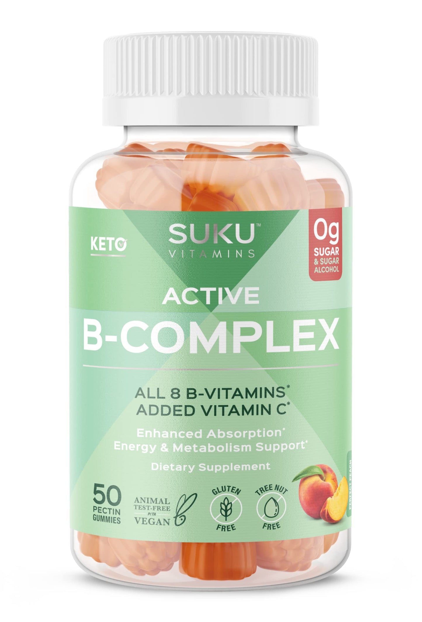 SUKU Vitamin B Complex Gummies with Vitamin C - Sugar Free, Vegan (Peach, 50 Gummies)